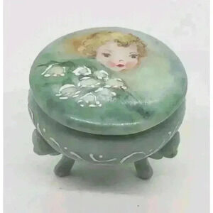 Vintage Jewelry Trinket Ring Gift Box Porcelain Hand Painted Moriage Trim